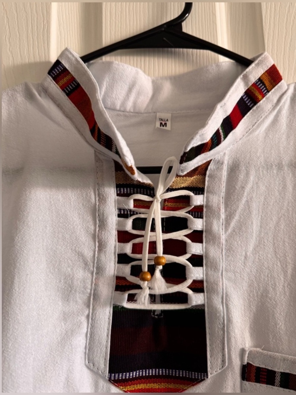 Men's White Short-Sleeve Lace-Up Shirt with Tribal Trim. Size: Medium - Picture 3 of 4